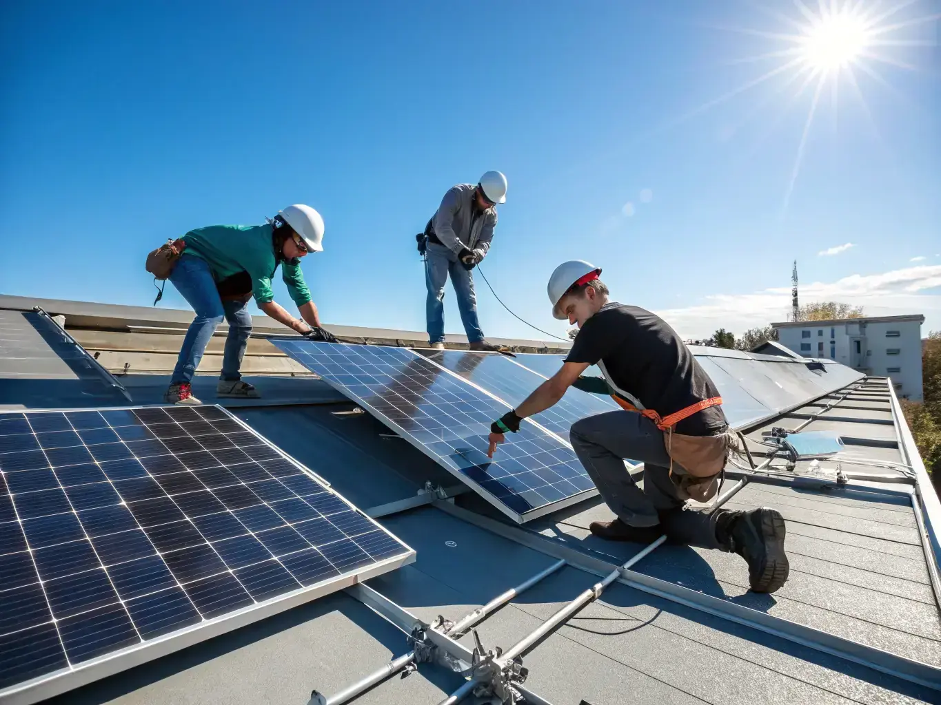 A modern solar installation team using tablets to coordinate tasks and schedules on-site, with a digital dashboard showing real-time project updates and checklists, representing efficient installation day management for solar companies.