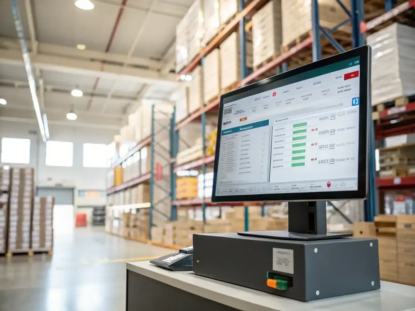 A warehouse scene with solar panels and inverters neatly organized, a manager checking inventory on a digital device, and a dashboard displaying live stock levels, illustrating advanced stock management for solar businesses.